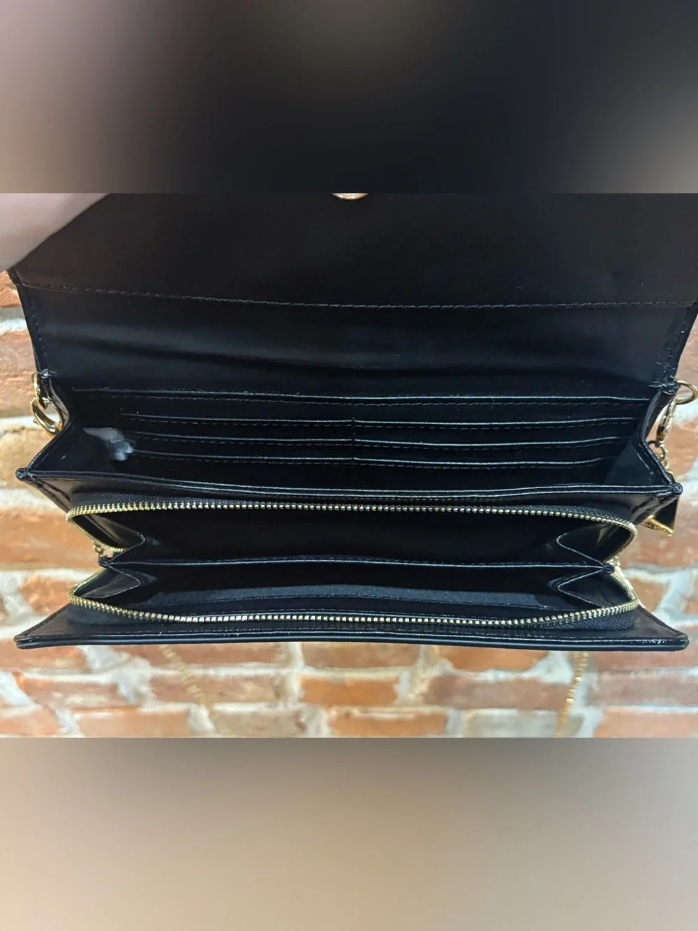 ALDO Black Faux Leather Envelope Clutch with Gold Chain